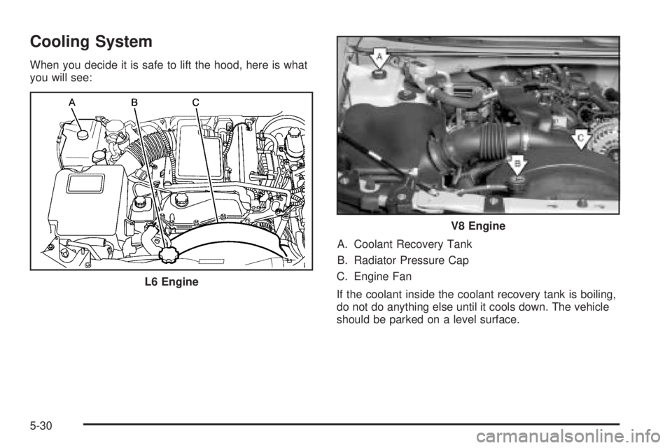 GMC ENVOY XUV 2005 User Guide Cooling System
When you decide it is safe to lift the hood, here is what
you will see:
A. Coolant Recovery Tank
B. Radiator Pressure Cap
C. Engine Fan
If the coolant inside the coolant recovery tank i