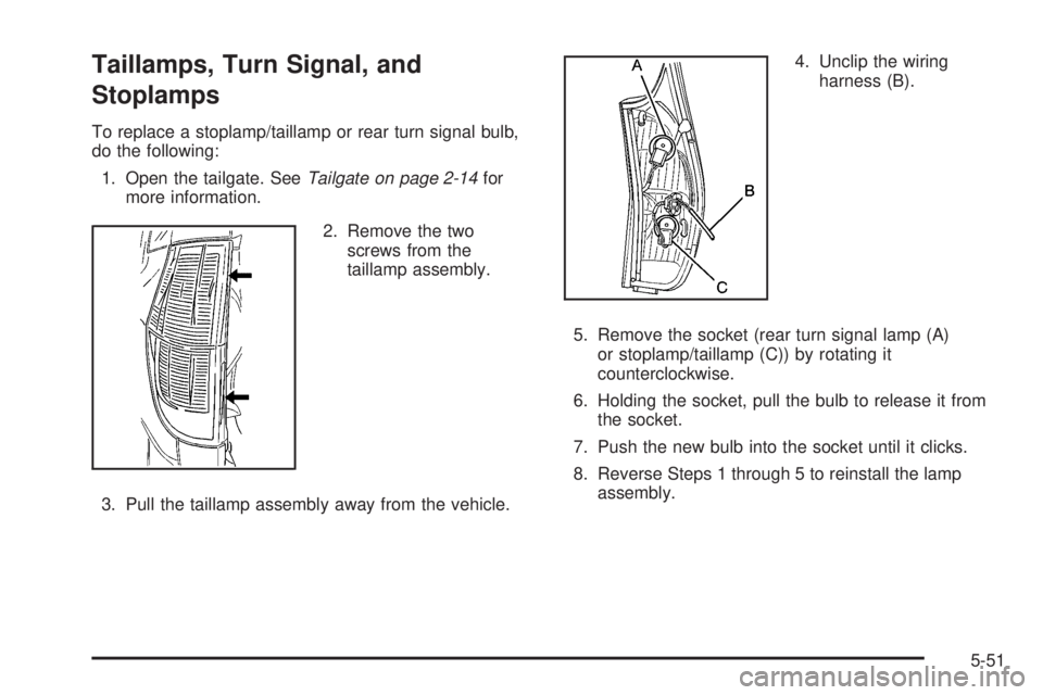 GMC ENVOY XUV 2005  Owners Manual Taillamps, Turn Signal, and
Stoplamps
To replace a stoplamp/taillamp or rear turn signal bulb,
do the following:
1. Open the tailgate. SeeTailgate on page 2-14for
more information.
2. Remove the two
s