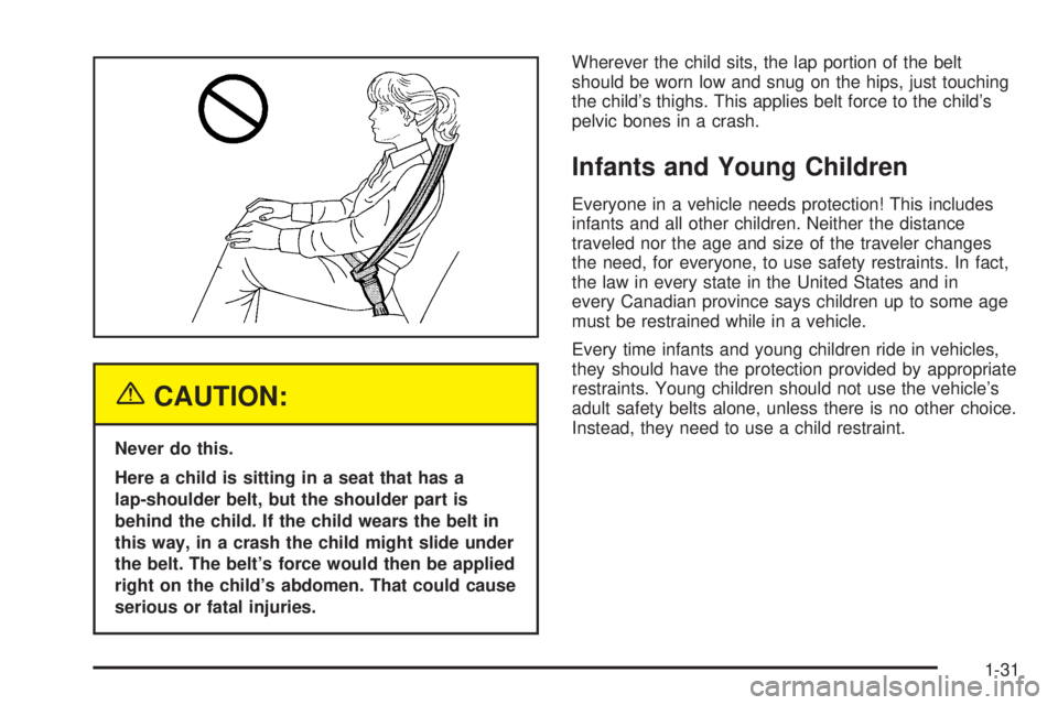 GMC JIMMY 2005 Owners Guide {CAUTION:
Never do this.
Here a child is sitting in a seat that has a
lap-shoulder belt, but the shoulder part is
behind the child. If the child wears the belt in
this way, in a crash the child might 