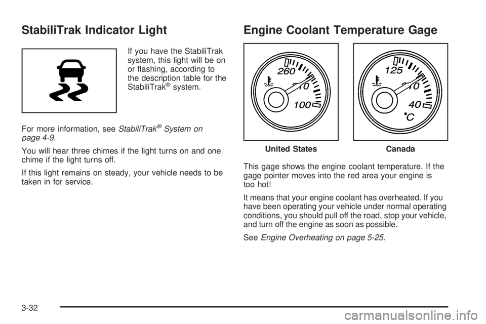 GMC SAVANA 2005  Owners Manual StabiliTrak Indicator Light
If you have the StabiliTrak
system, this light will be on
or �ashing, according to
the description table for the
StabiliTrak
®system.
For more information, seeStabiliTrak
