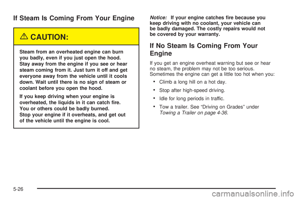 GMC SAVANA 2005  Owners Manual If Steam Is Coming From Your Engine
{CAUTION:
Steam from an overheated engine can burn
you badly, even if you just open the hood.
Stay away from the engine if you see or hear
steam coming from it. Jus