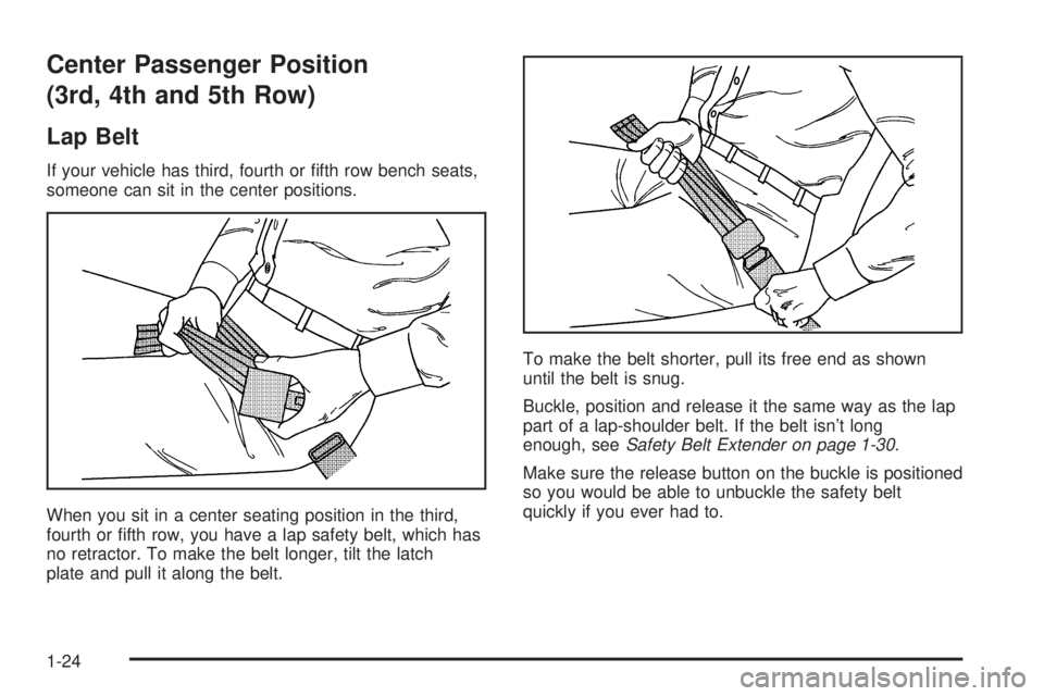 GMC SAVANA 2005 Owners Guide Center Passenger Position
(3rd, 4th and 5th Row)
Lap Belt
If your vehicle has third, fourth or �fth row bench seats,
someone can sit in the center positions.
When you sit in a center seating position 