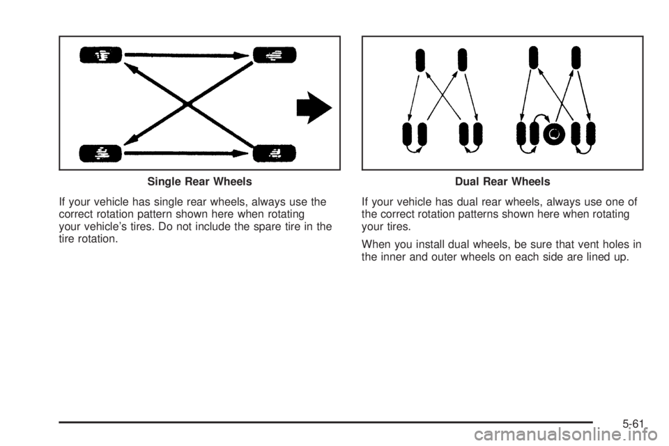 GMC SAVANA 2005  Owners Manual If your vehicle has single rear wheels, always use the
correct rotation pattern shown here when rotating
your vehicle’s tires. Do not include the spare tire in the
tire rotation.If your vehicle has 