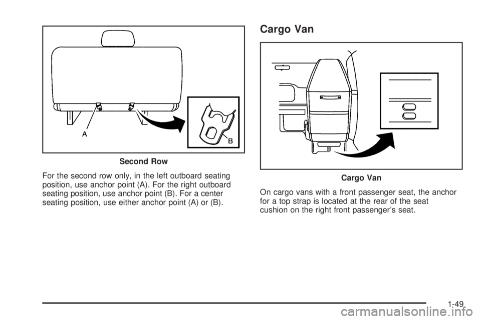 GMC SAVANA 2005 Workshop Manual For the second row only, in the left outboard seating
position, use anchor point (A). For the right outboard
seating position, use anchor point (B). For a center
seating position, use either anchor po