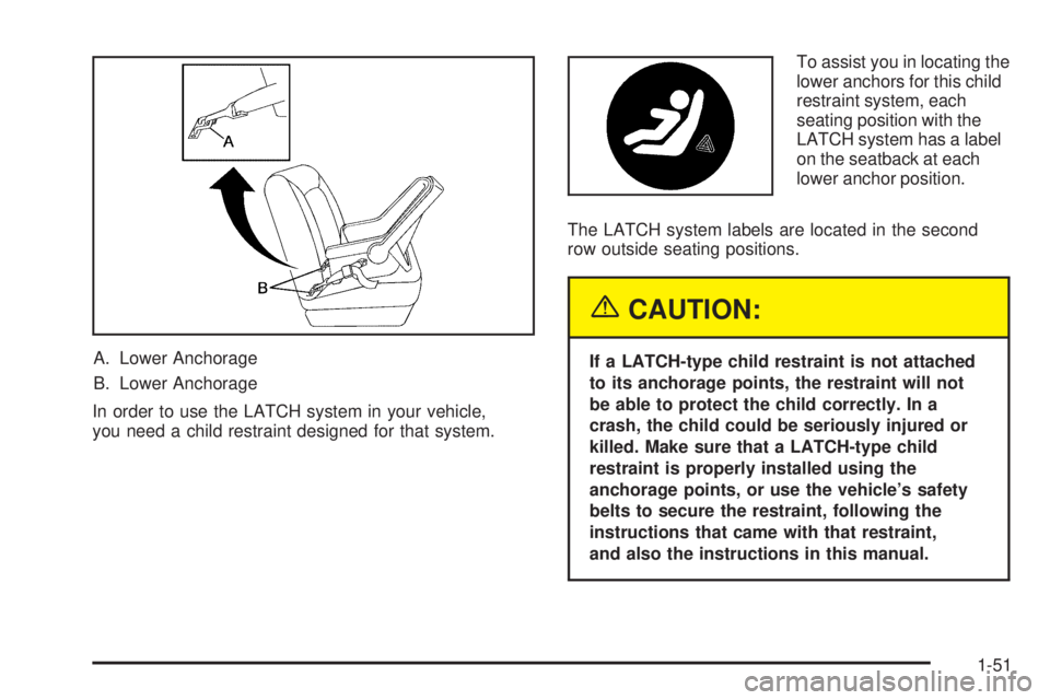 GMC SAVANA 2005 Workshop Manual A. Lower Anchorage
B. Lower Anchorage
In order to use the LATCH system in your vehicle,
you need a child restraint designed for that system.To assist you in locating the
lower anchors for this child
r
