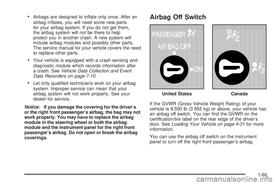 GMC SAVANA 2005 Manual PDF Airbags are designed to in�ate only once. After an
airbag in�ates, you will need some new parts
for your airbag system. If you do not get them,
the airbag system will not be there to help
protect you
