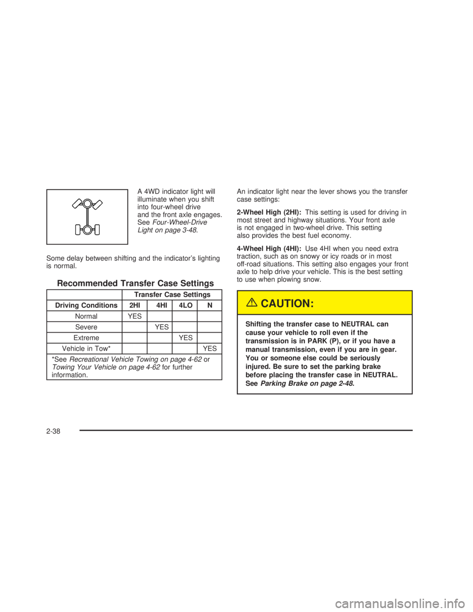 GMC SIERRA 2005  Owners Manual A 4WD indicator light will
illuminate when you shift
into four-wheel drive
and the front axle engages.
SeeFour-Wheel-Drive
Light on page 3-48.
Some delay between shifting and the indicator’s lightin