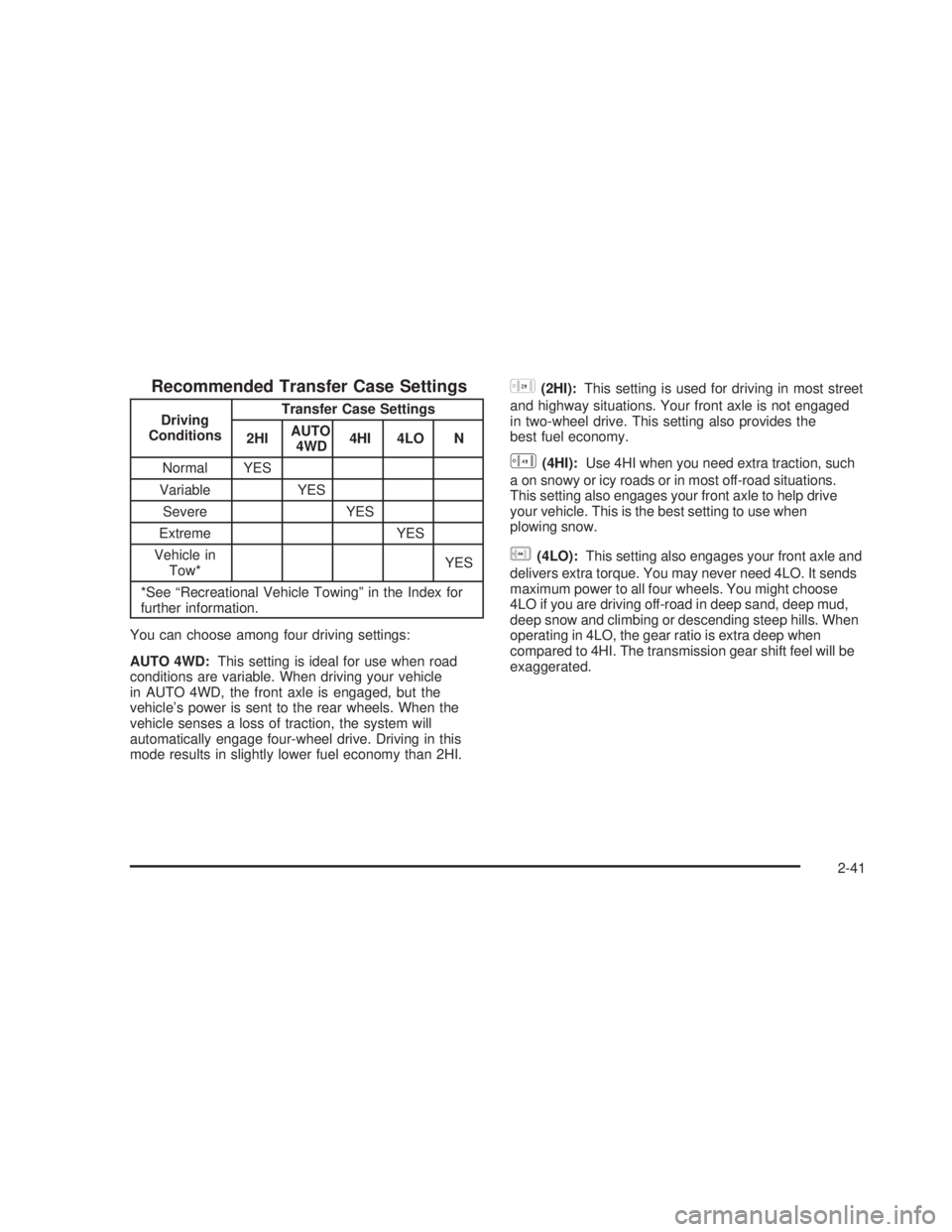 GMC SIERRA 2005  Owners Manual Recommended Transfer Case Settings
Driving
ConditionsTransfer Case Settings
2HIAUTO
4WD4HI 4LO N
Normal YES
Variable YES
Severe YES
Extreme YES
Vehicle in
Tow*YES
*See “Recreational Vehicle Towing�