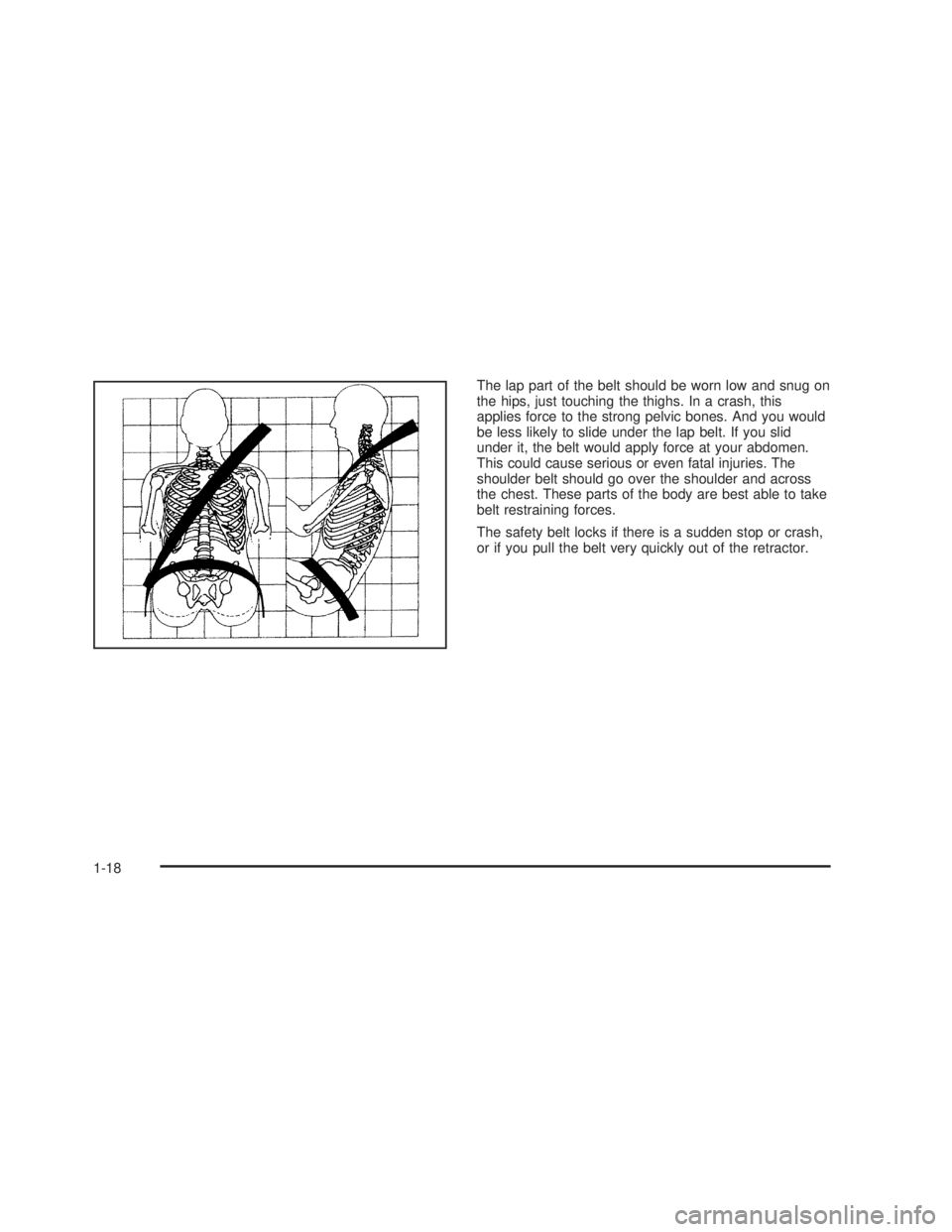 GMC SIERRA 2005 Owners Guide The lap part of the belt should be worn low and snug on
the hips, just touching the thighs. In a crash, this
applies force to the strong pelvic bones. And you would
be less likely to slide under the l