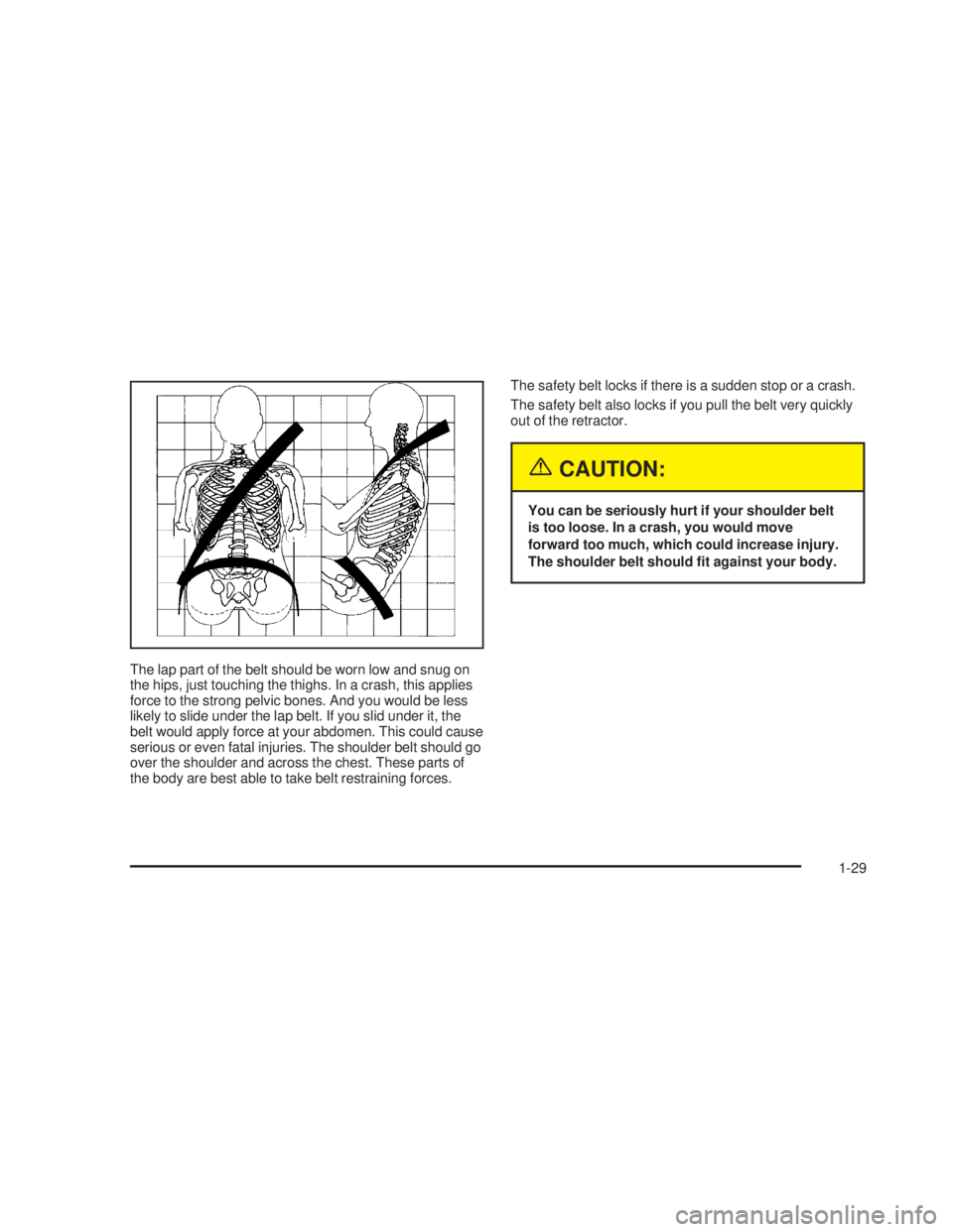 GMC SIERRA 2005 Owners Guide The lap part of the belt should be worn low and snug on
the hips, just touching the thighs. In a crash, this applies
force to the strong pelvic bones. And you would be less
likely to slide under the l