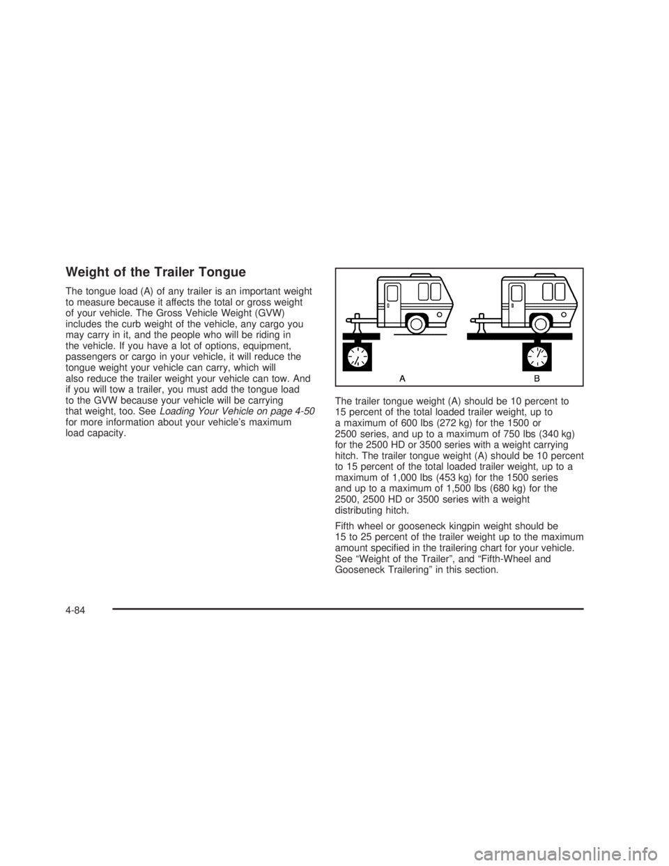 GMC SIERRA 2005  Owners Manual Weight of the Trailer Tongue
The tongue load (A) of any trailer is an important weight
to measure because it affects the total or gross weight
of your vehicle. The Gross Vehicle Weight (GVW)
includes 