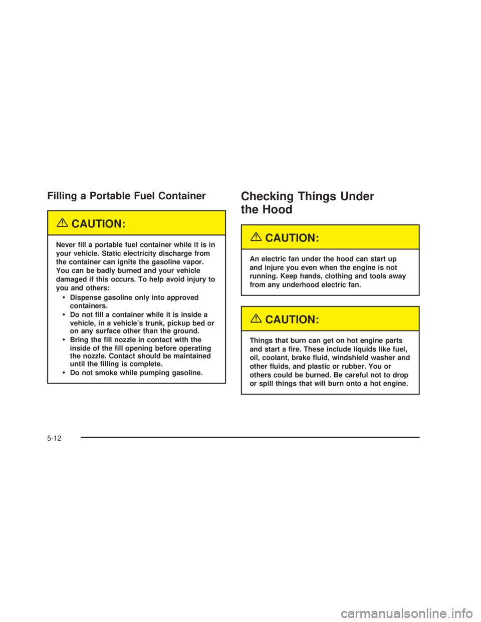 GMC SIERRA 2005  Owners Manual Filling a Portable Fuel Container
{CAUTION:
Never �ll a portable fuel container while it is in
your vehicle. Static electricity discharge from
the container can ignite the gasoline vapor.
You can be b