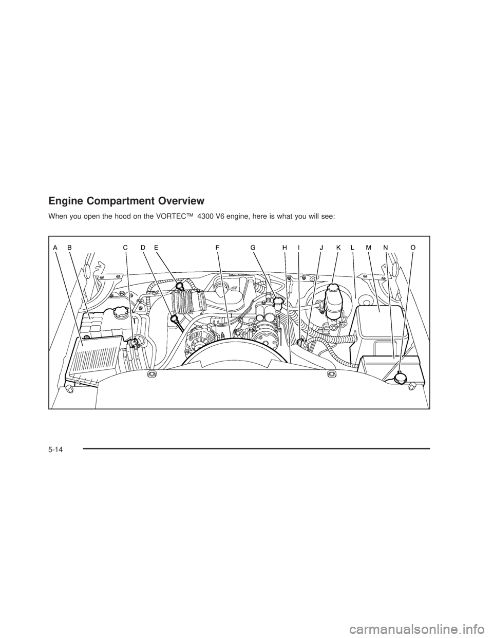 GMC SIERRA 2005  Owners Manual Engine Compartment Overview
When you open the hood on the VORTEC™ 4300 V6 engine, here is what you will see:
5-14 