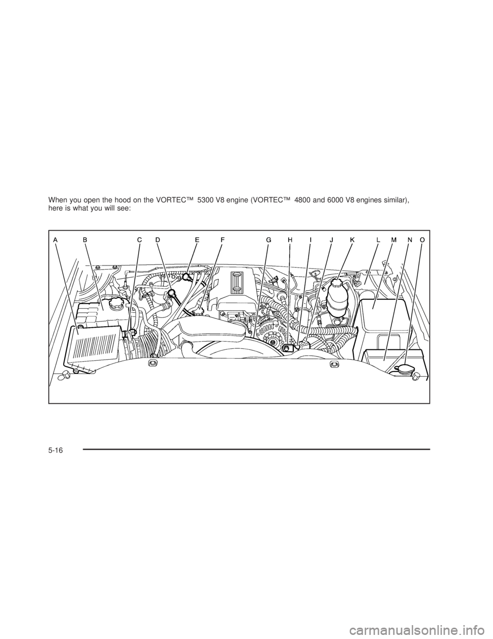 GMC SIERRA 2005  Owners Manual When you open the hood on the VORTEC™ 5300 V8 engine (VORTEC™ 4800 and 6000 V8 engines similar),
here is what you will see:
5-16 