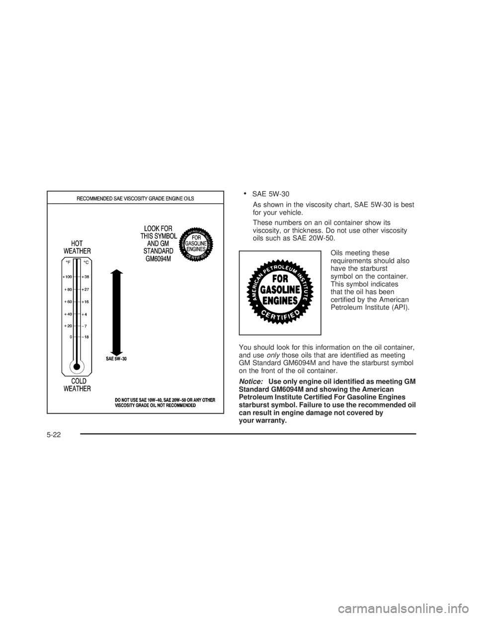 GMC SIERRA 2005 Owners Manual SAE 5W-30
As shown in the viscosity chart, SAE 5W-30 is best
for your vehicle.
These numbers on an oil container show its
viscosity, or thickness. Do not use other viscosity
oils such as SAE 20W-50.
GMC SIERRA 2005 Owners Manual SAE 5W-30
As shown in the viscosity chart, SAE 5W-30 is best
for your vehicle.
These numbers on an oil container show its
viscosity, or thickness. Do not use other viscosity
oils such as SAE 20W-50.
