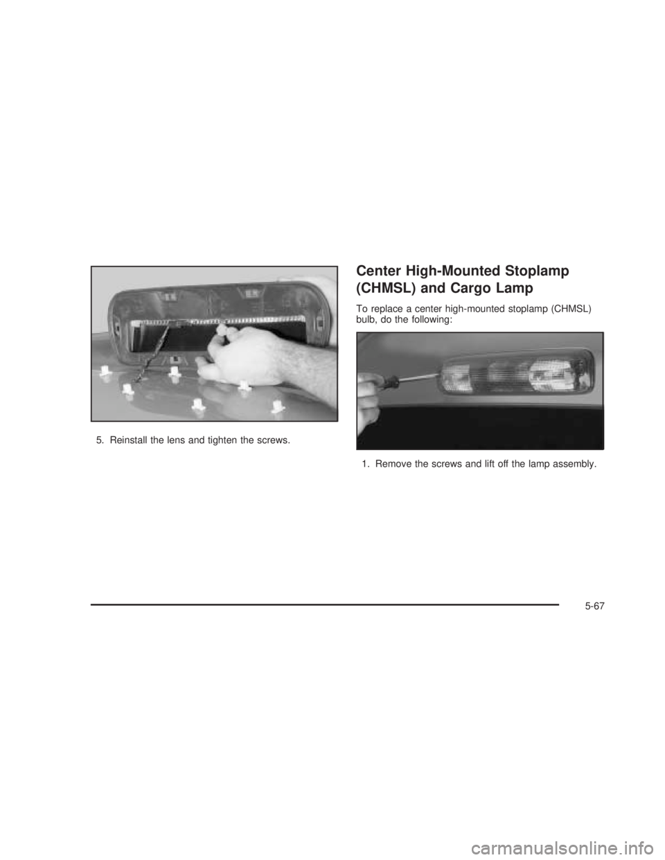 GMC SIERRA 2005 User Guide 5. Reinstall the lens and tighten the screws.
Center High-Mounted Stoplamp
(CHMSL) and Cargo Lamp
To replace a center high-mounted stoplamp (CHMSL)
bulb, do the following:
1. Remove the screws and lif