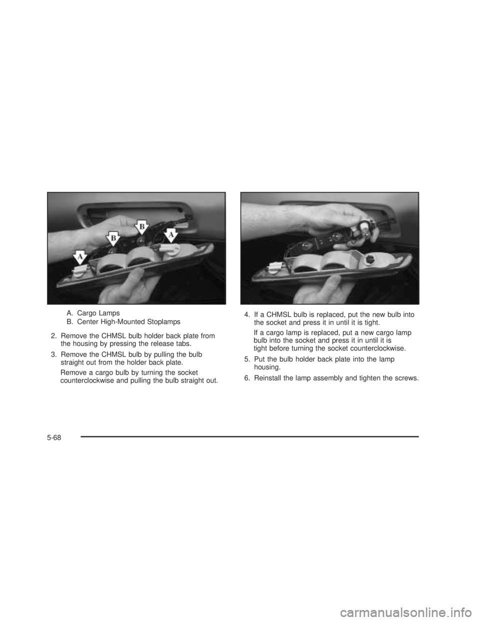 GMC SIERRA 2005  Owners Manual A. Cargo Lamps
B. Center High-Mounted Stoplamps
2. Remove the CHMSL bulb holder back plate from
the housing by pressing the release tabs.
3. Remove the CHMSL bulb by pulling the bulb
straight out from
