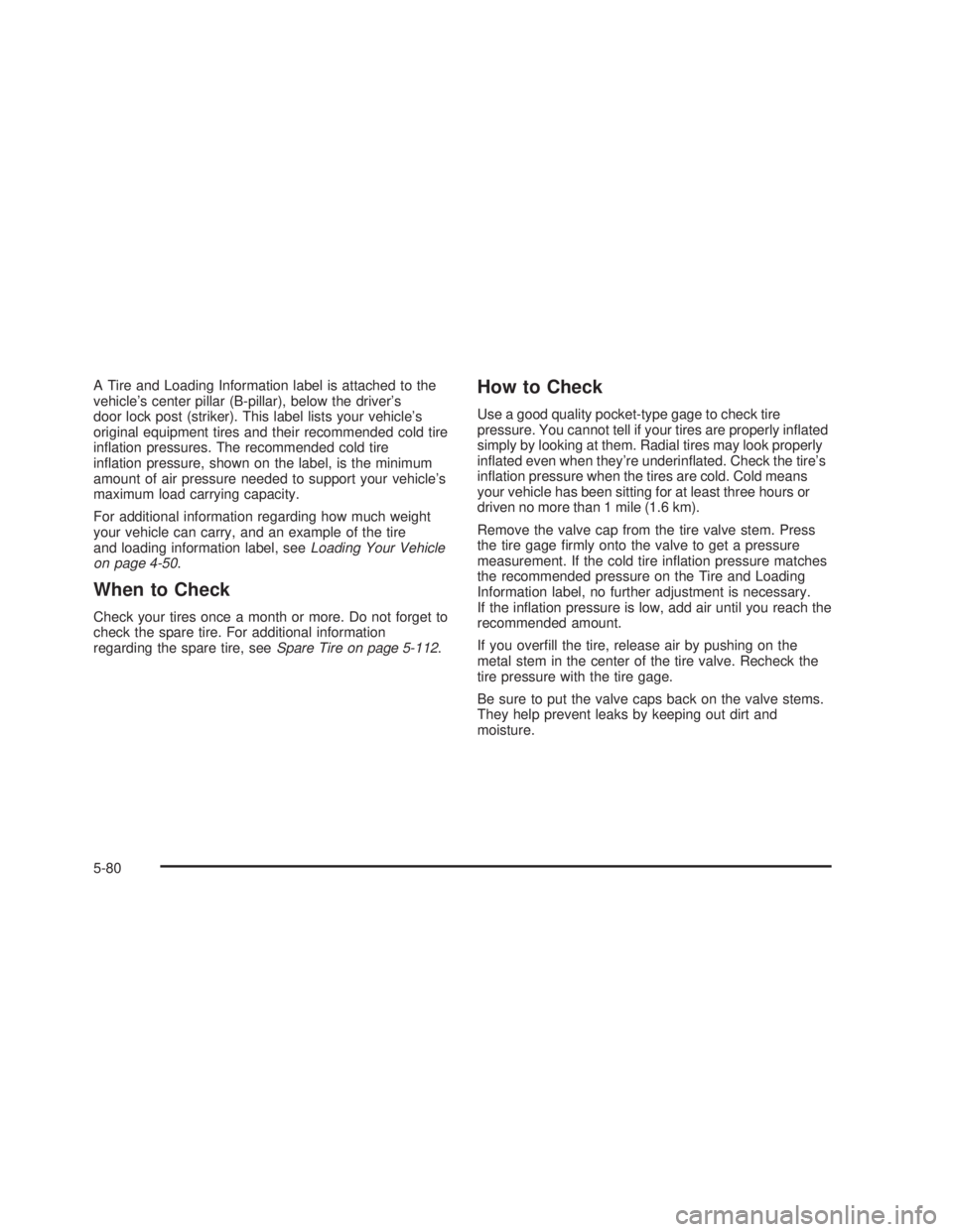 GMC SIERRA 2005  Owners Manual A Tire and Loading Information label is attached to the
vehicle’s center pillar (B-pillar), below the driver’s
door lock post (striker). This label lists your vehicle’s
original equipment tires 