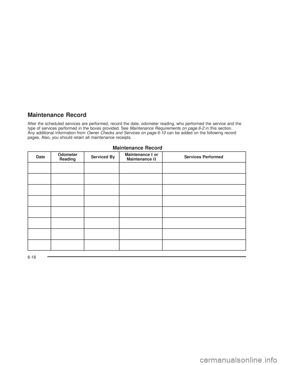 GMC SIERRA 2005  Owners Manual Maintenance Record
After the scheduled services are performed, record the date, odometer reading, who performed the service and the
type of services performed in the boxes provided. SeeMaintenance Req