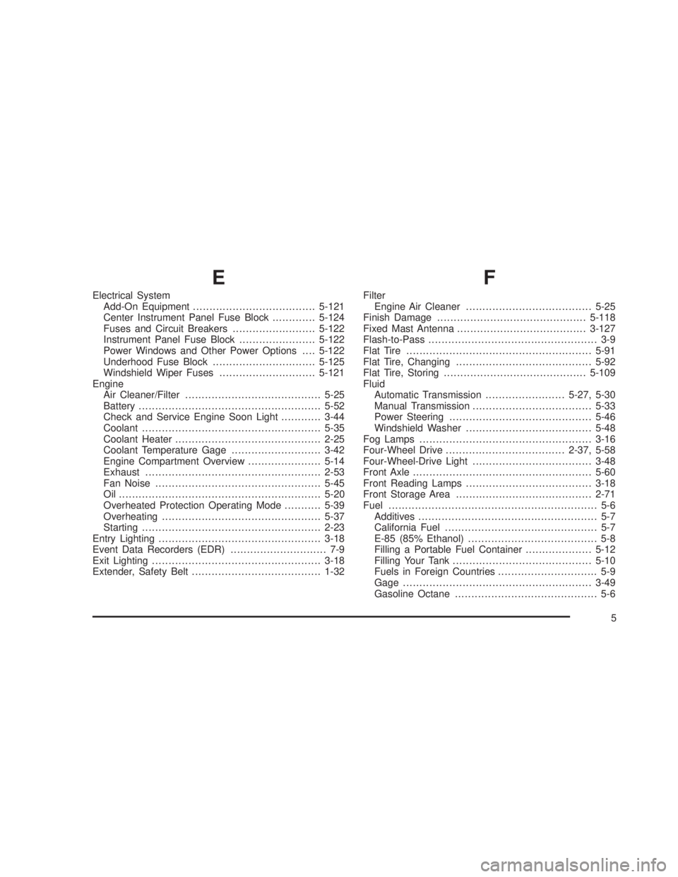GMC SIERRA 2005 Repair Manual E
Electrical System
Add-On Equipment.....................................5-121
Center Instrument Panel Fuse Block.............5-124
Fuses and Circuit Breakers.........................5-122
Instrument 