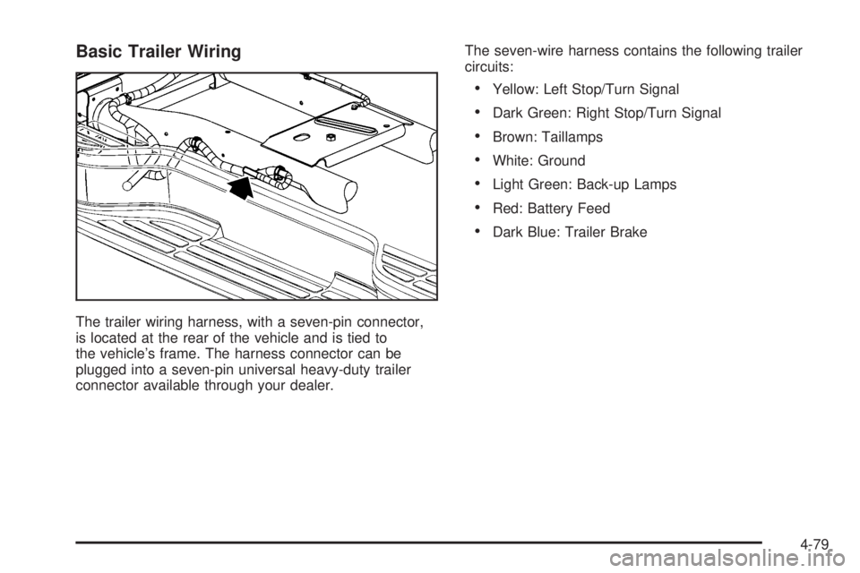 GMC YUKON 2005 Owners Guide Basic Trailer Wiring
The trailer wiring harness, with a seven-pin connector,
is located at the rear of the vehicle and is tied to
the vehicle’s frame. The harness connector can be
plugged into a sev