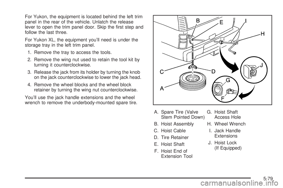 GMC YUKON 2005  Owners Manual For Yukon, the equipment is located behind the left trim
panel in the rear of the vehicle. Unlatch the release
lever to open the trim panel door. Skip the �rst step and
follow the last three.
For Yuko
