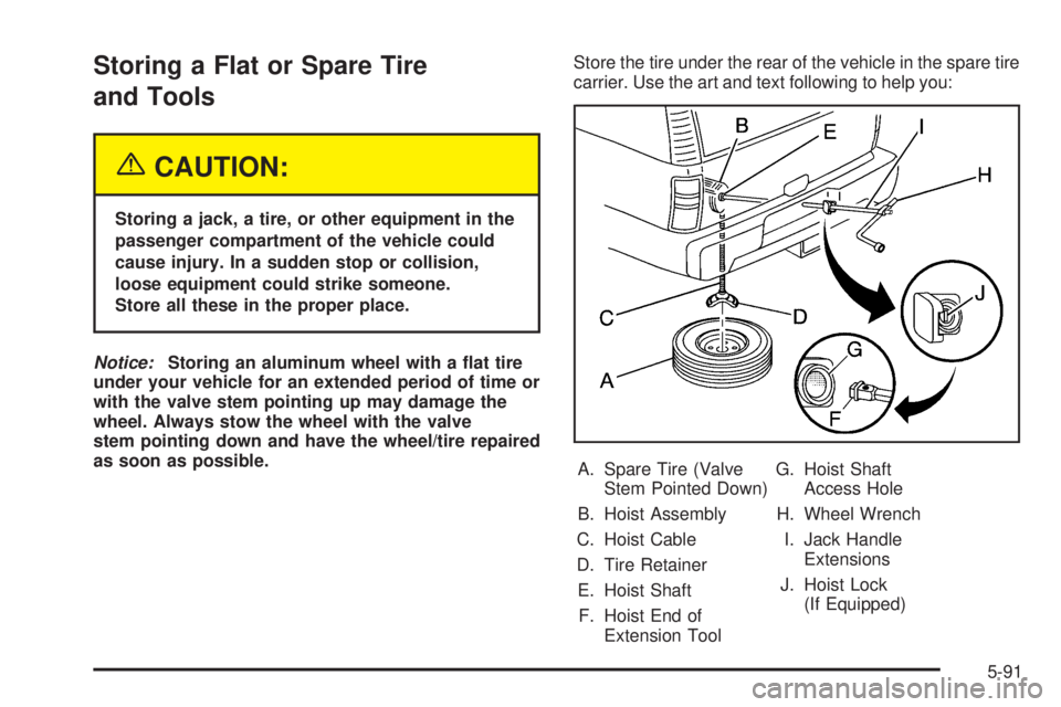 GMC YUKON 2005  Owners Manual Storing a Flat or Spare Tire
and Tools
{CAUTION:
Storing a jack, a tire, or other equipment in the
passenger compartment of the vehicle could
cause injury. In a sudden stop or collision,
loose equipme