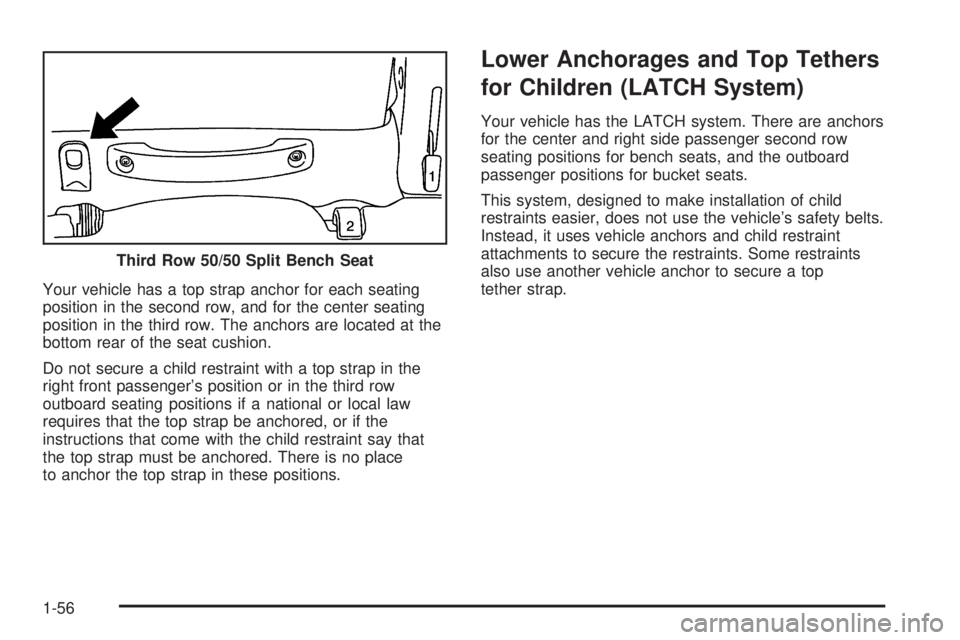 GMC YUKON 2005 Repair Manual Your vehicle has a top strap anchor for each seating
position in the second row, and for the center seating
position in the third row. The anchors are located at the
bottom rear of the seat cushion.
D