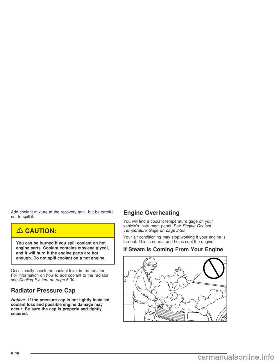 GMC CANYON 2004 Owners Guide Add coolant mixture at the recovery tank, but be careful
not to spill it.
{CAUTION:
You can be burned if you spill coolant on hot
engine parts. Coolant contains ethylene glycol,
and it will burn if th