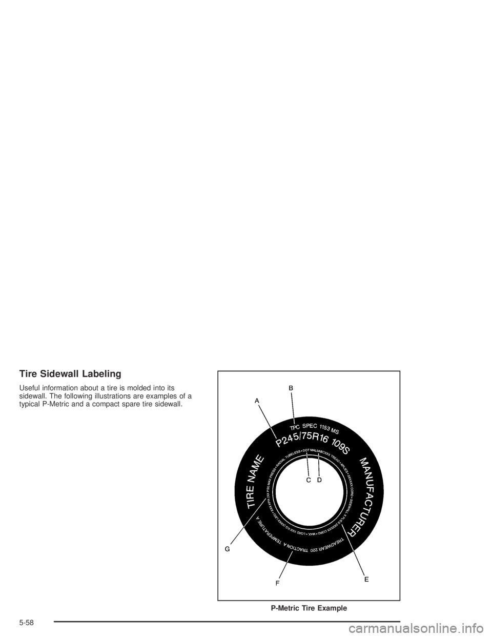 GMC CANYON 2004  Owners Manual Tire Sidewall Labeling
Useful information about a tire is molded into its
sidewall. The following illustrations are examples of a
typical P-Metric and a compact spare tire sidewall.
P-Metric Tire Exam
