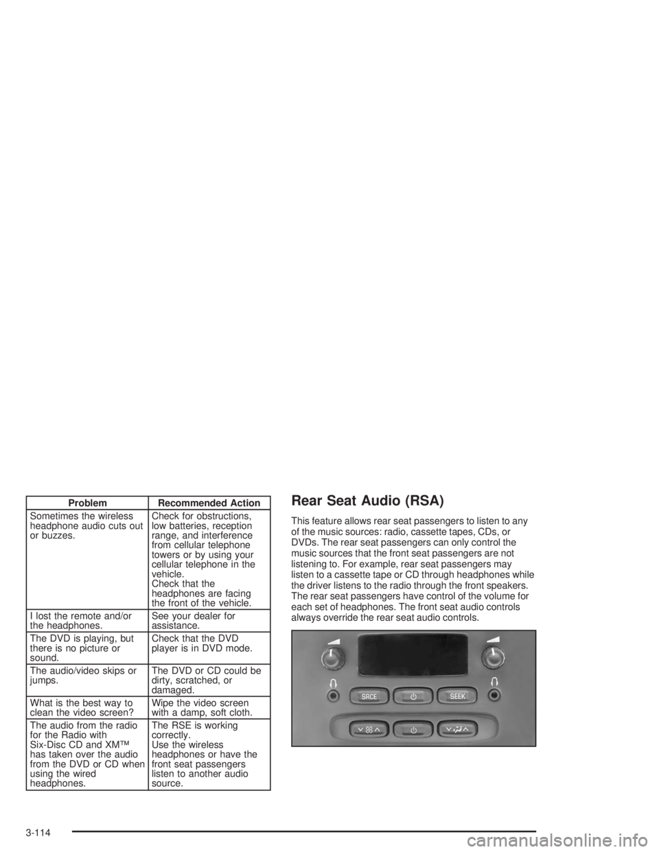 GMC ENVOY 2004 Owners Manual Problem Recommended Action
Sometimes the wireless
headphone audio cuts out
or buzzes.Check for obstructions,
low batteries, reception
range, and interference
from cellular telephone
towers or by using GMC ENVOY 2004 Owners Manual Problem Recommended Action
Sometimes the wireless
headphone audio cuts out
or buzzes.Check for obstructions,
low batteries, reception
range, and interference
from cellular telephone
towers or by using