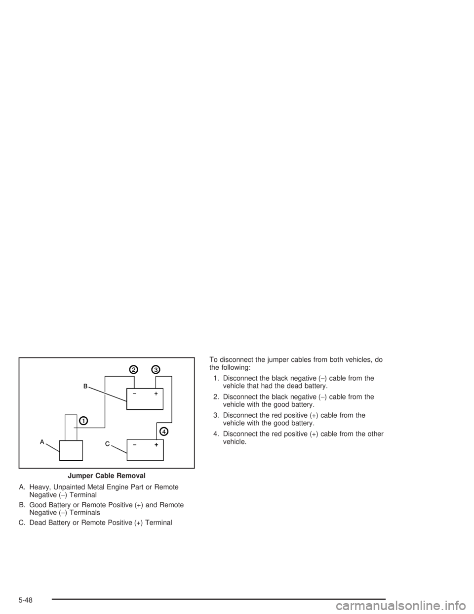 GMC ENVOY 2004  Owners Manual A. Heavy, Unpainted Metal Engine Part or Remote
Negative (−) Terminal
B. Good Battery or Remote Positive (+) and Remote
Negative (−) Terminals
C. Dead Battery or Remote Positive (+) TerminalTo dis