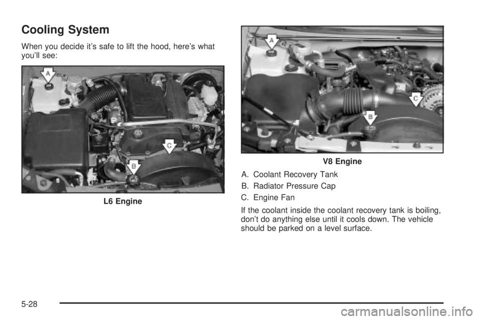 GMC ENVOY XUV 2004  Owners Manual Cooling System
When you decide its safe to lift the hood, heres what
youll see:
A. Coolant Recovery Tank
B. Radiator Pressure Cap
C. Engine Fan
If the coolant inside the coolant recovery tank is bo