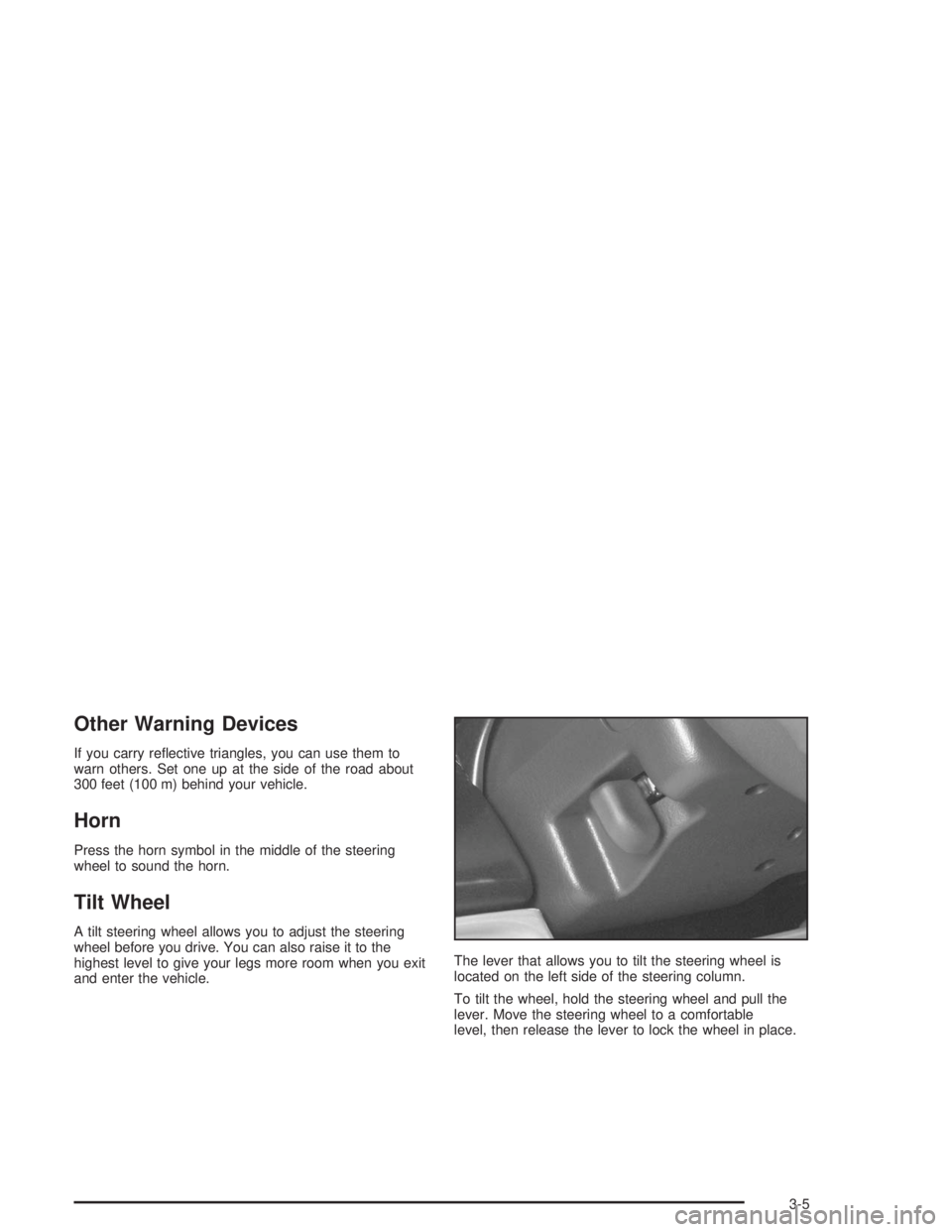 GMC SAFARI 2004  Owners Manual Other Warning Devices
If you carry re�ective triangles, you can use them to
warn others. Set one up at the side of the road about
300 feet (100 m) behind your vehicle.
Horn
Press the horn symbol in th