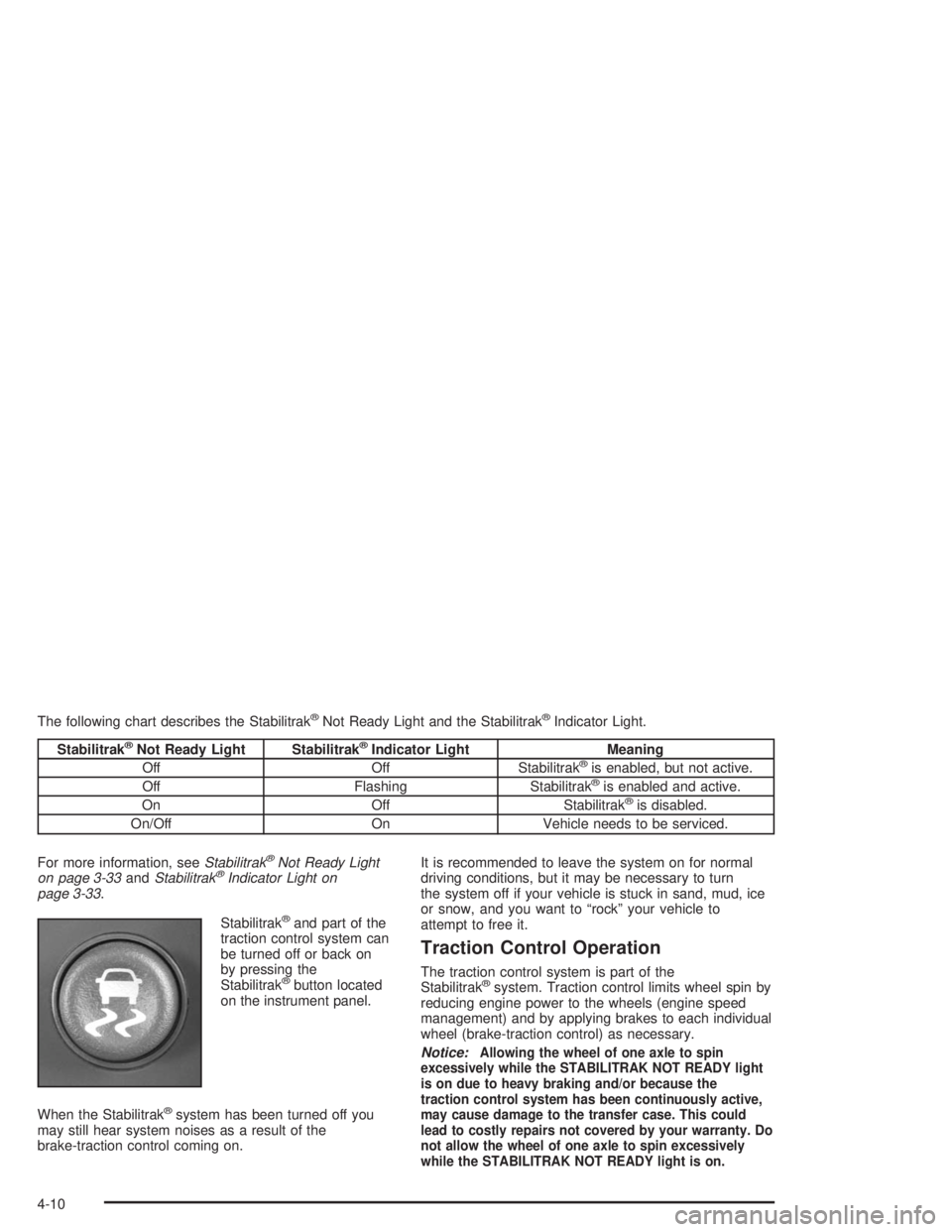 GMC SAVANA 2004  Owners Manual The following chart describes the Stabilitrak®Not Ready Light and the Stabilitrak®Indicator Light.
Stabilitrak®Not Ready Light Stabilitrak®Indicator Light Meaning
Off Off Stabilitrak®is enabled, 