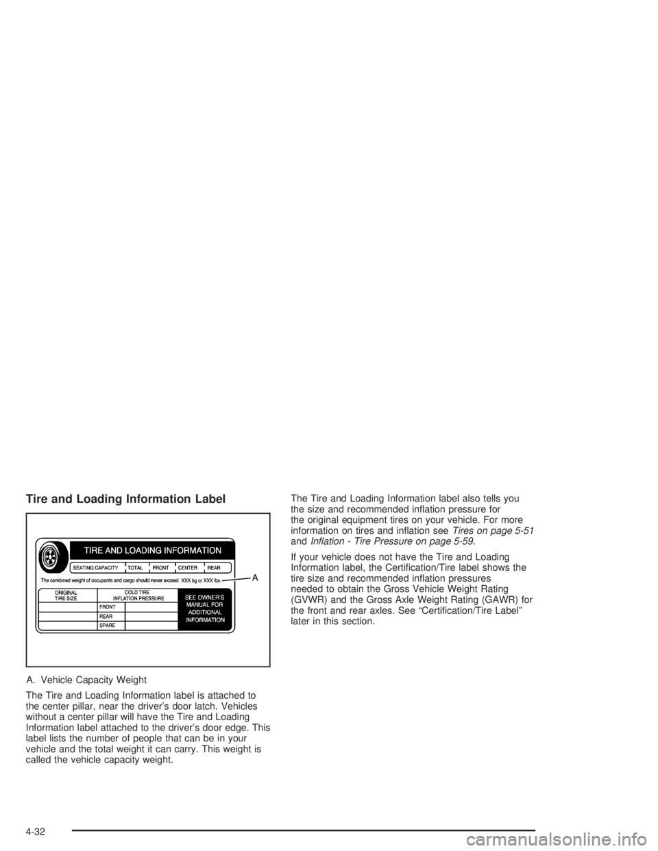 GMC SAVANA 2004  Owners Manual Tire and Loading Information Label
A. Vehicle Capacity Weight
The Tire and Loading Information label is attached to
the center pillar, near the driver’s door latch. Vehicles
without a center pillar 