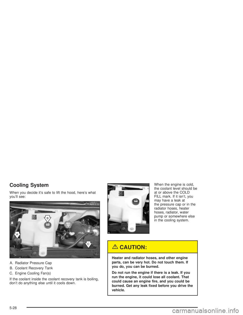 GMC SAVANA 2004  Owners Manual Cooling System
When you decide it’s safe to lift the hood, here’s what
you’ll see:
A. Radiator Pressure Cap
B. Coolant Recovery Tank
C. Engine Cooling Fan(s)
If the coolant inside the coolant re