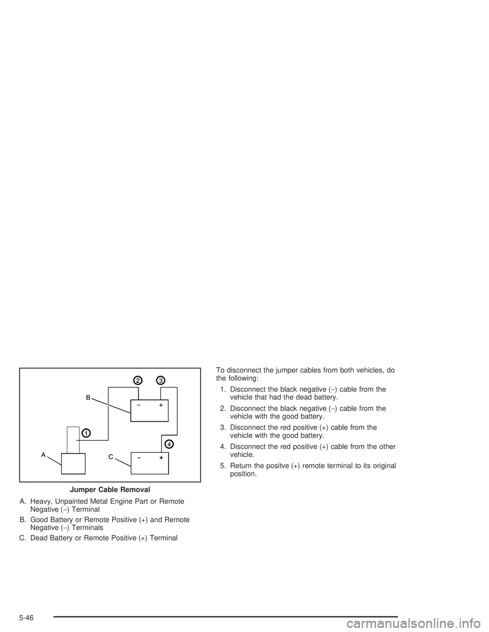 GMC SAVANA 2004  Owners Manual A. Heavy, Unpainted Metal Engine Part or Remote
Negative (−) Terminal
B. Good Battery or Remote Positive (+) and Remote
Negative (−) Terminals
C. Dead Battery or Remote Positive (+) TerminalTo dis