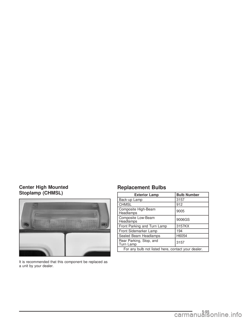 GMC SAVANA 2004 User Guide Center High Mounted
Stoplamp (CHMSL)
It is recommended that this component be replaced as
a unit by your dealer.
Replacement Bulbs
Exterior Lamp Bulb Number
Back-up Lamp 3157
CHMSL 912
Composite High-