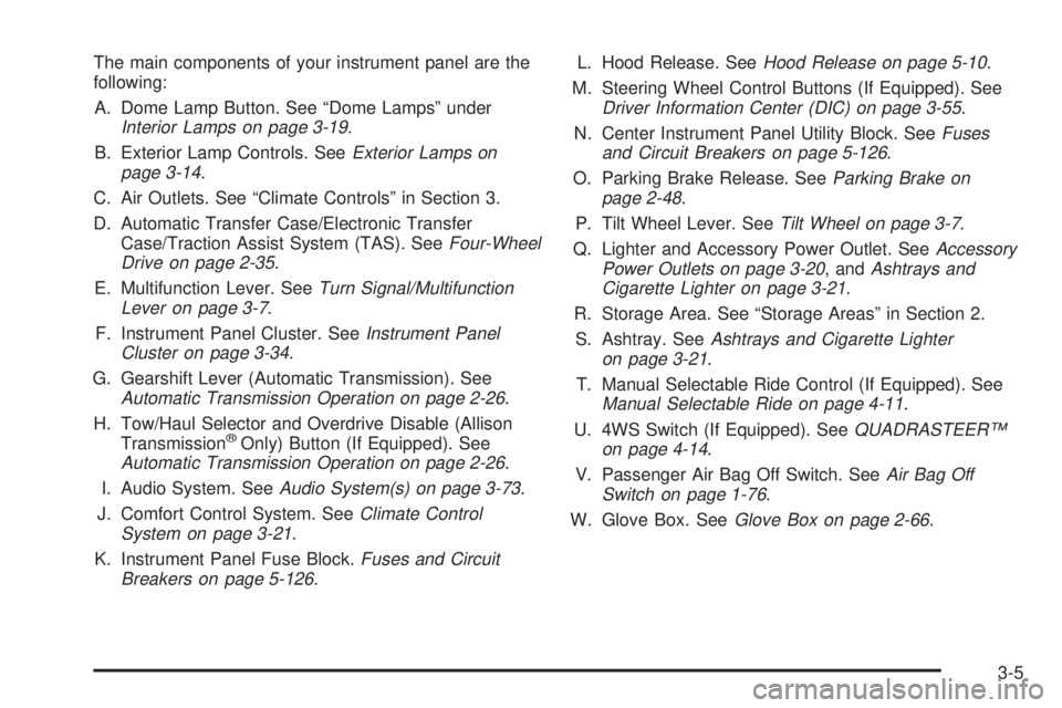 GMC SIERRA 2004  Owners Manual The main components of your instrument panel are the
following:
A. Dome Lamp Button. See ªDome Lampsº under
Interior Lamps on page 3-19.
B. Exterior Lamp Controls. See
Exterior Lamps on
page 3-14.
C