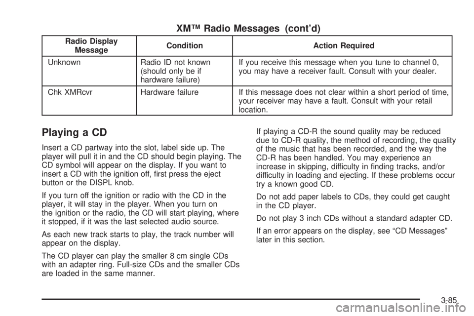 GMC SIERRA 2004  Owners Manual XMŸ Radio Messages (contd)
Radio Display
MessageCondition Action Required
Unknown Radio ID not known
(should only be if
hardware failure)If you receive this message when you tune to channel 0,
you m