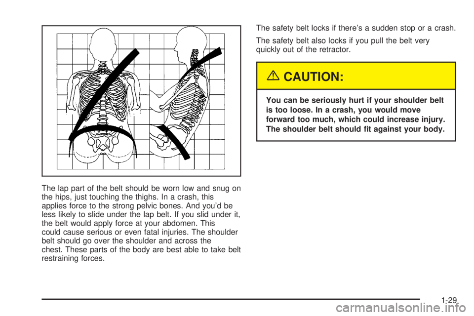 GMC SIERRA 2004 Owners Guide The lap part of the belt should be worn low and snug on
the hips, just touching the thighs. In a crash, this
applies force to the strong pelvic bones. And youd be
less likely to slide under the lap b