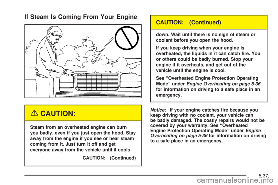 GMC SIERRA 2004  Owners Manual If Steam Is Coming From Your Engine
{CAUTION:
Steam from an overheated engine can burn
you badly, even if you just open the hood. Stay
away from the engine if you see or hear steam
coming from it. Jus