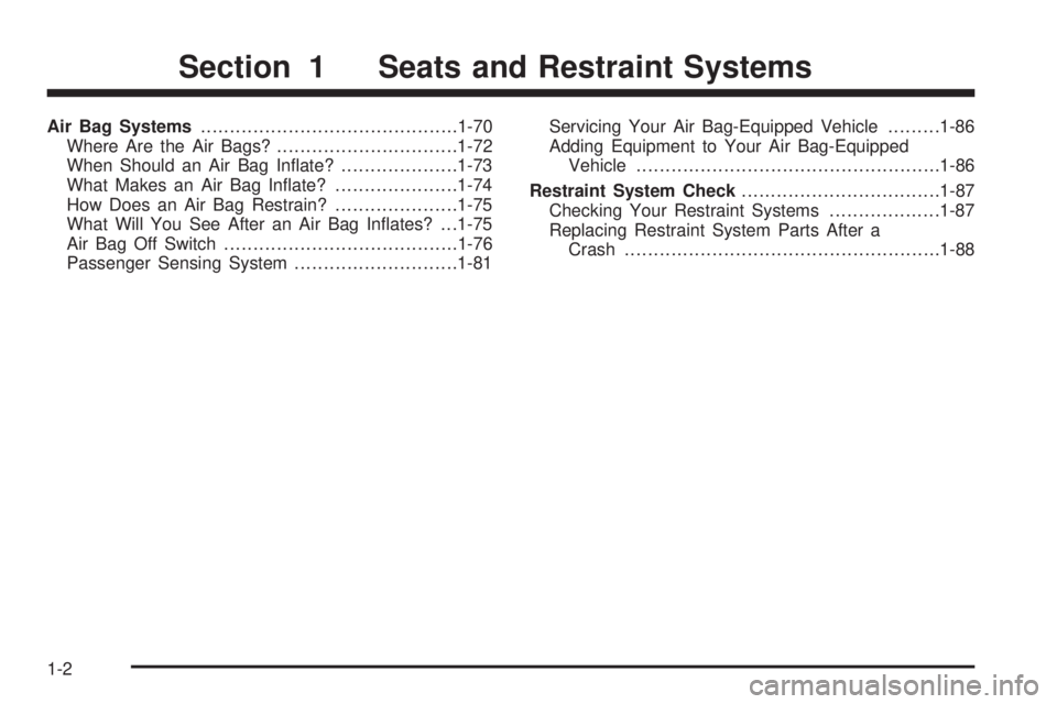 GMC SIERRA 2004 Owners Manual Air Bag Systems............................................1-70
Where Are the Air Bags?...............................1-72
When Should an Air Bag In¯ate?....................1-73
What Makes an Air Bag GMC SIERRA 2004 Owners Manual Air Bag Systems............................................1-70
Where Are the Air Bags?...............................1-72
When Should an Air Bag In¯ate?....................1-73
What Makes an Air Bag
