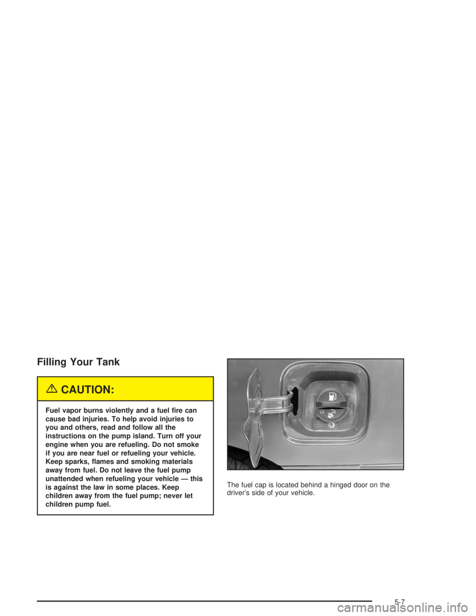 GMC SONOMA 2004  Owners Manual Filling Your Tank
{CAUTION:
Fuel vapor burns violently and a fuel �re can
cause bad injuries. To help avoid injuries to
you and others, read and follow all the
instructions on the pump island. Turn of