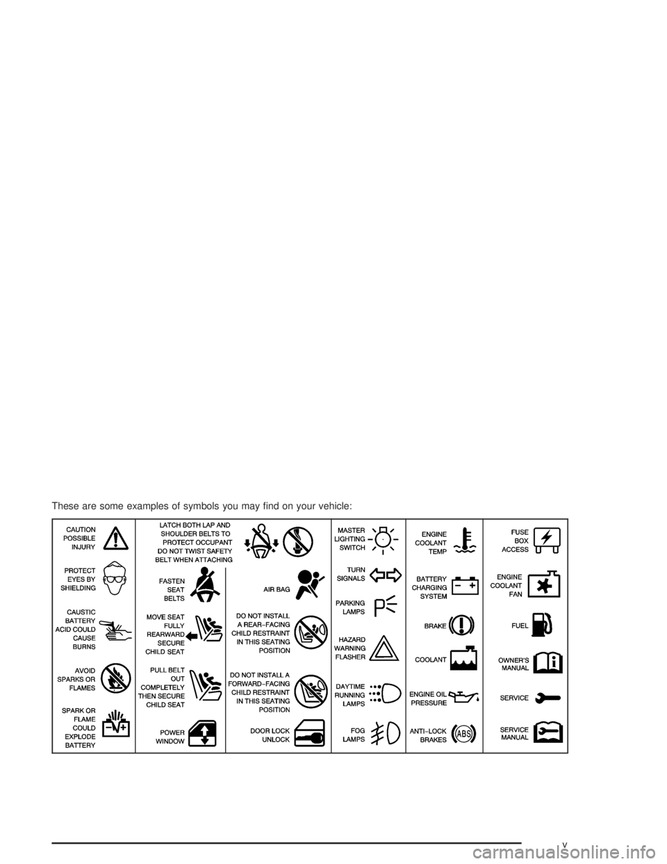 GMC SONOMA 2004 Owners Manual These are some examples of symbols you may find on your vehicle:
v GMC SONOMA 2004 Owners Manual These are some examples of symbols you may find on your vehicle:
v