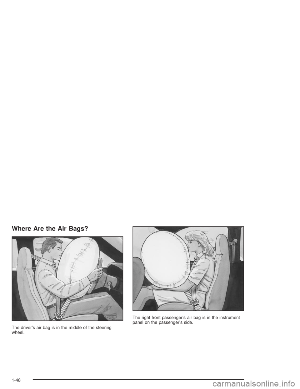 GMC SONOMA 2004 Owners Manual Where Are the Air Bags?
The driver’s air bag is in the middle of the steering
wheel.The right front passenger’s air bag is in the instrument
panel on the passenger’s side.
1-48 GMC SONOMA 2004 Owners Manual Where Are the Air Bags?
The driver’s air bag is in the middle of the steering
wheel.The right front passenger’s air bag is in the instrument
panel on the passenger’s side.
1-48