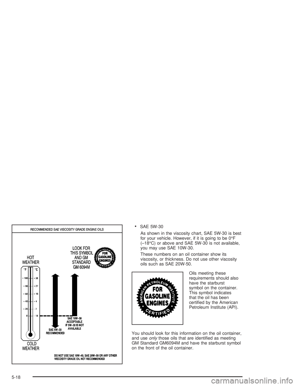 GMC YUKON 2004  Owners Manual SAE 5W-30
As shown in the viscosity chart, SAE 5W-30 is best
for your vehicle. However, if it is going to be 0°F
(–18°C) or above and SAE 5W-30 is not available,
you may use SAE 10W-30.
These num