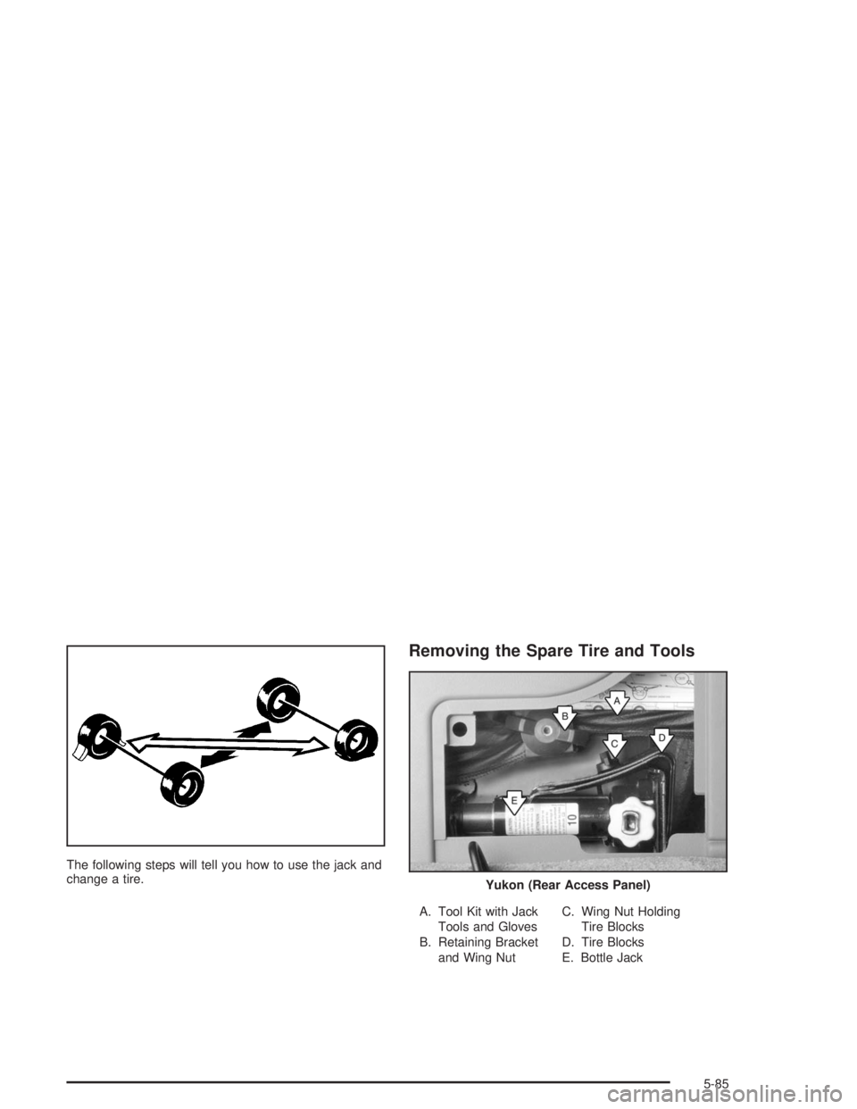 GMC YUKON 2004  Owners Manual The following steps will tell you how to use the jack and
change a tire.
Removing the Spare Tire and Tools
A. Tool Kit with Jack
Tools and Gloves
B. Retaining Bracket
and Wing NutC. Wing Nut Holding
T