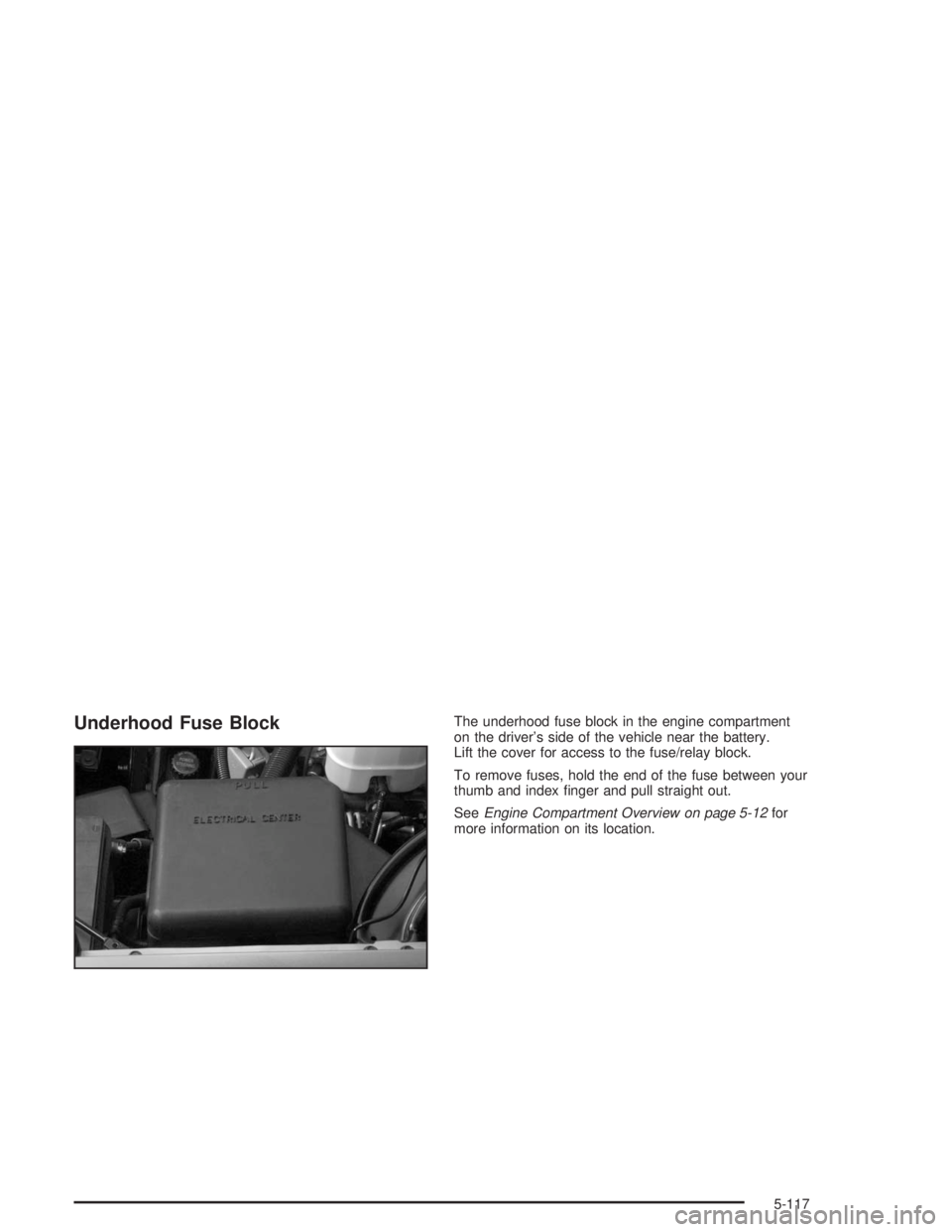 GMC YUKON 2004  Owners Manual Underhood Fuse BlockThe underhood fuse block in the engine compartment
on the driver’s side of the vehicle near the battery.
Lift the cover for access to the fuse/relay block.
To remove fuses, hold 